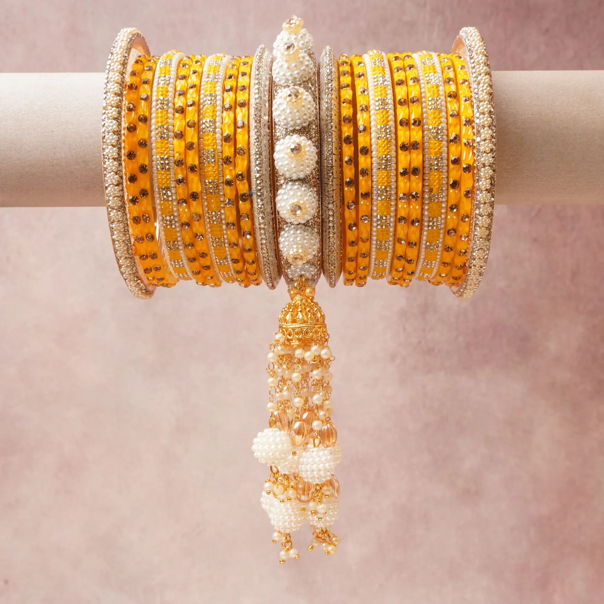 A majestic Marigold Yellow set, complemented by Ivory, Gold, Crystal Clear featuring Resin, Faux Pearl, Crystal, Gold-Plated Metal.
Rich, ceremonial, and designed to be passed through generations.